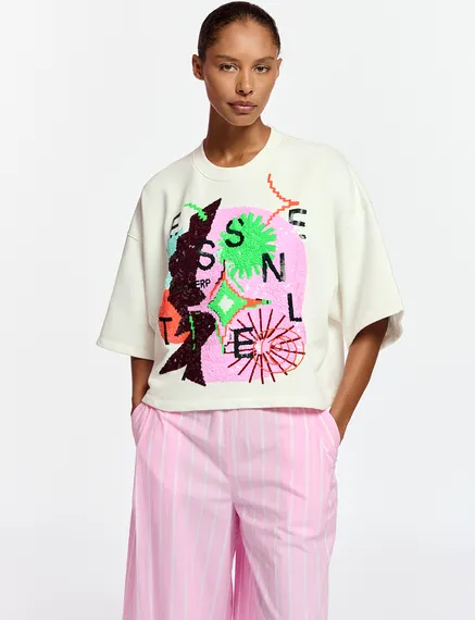 Off-white short-sleeved sweatshirt with sequin embroideries