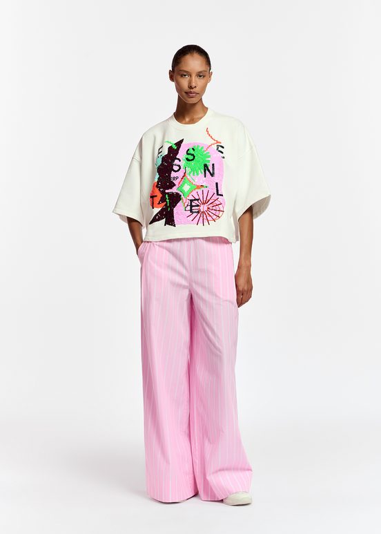 Off-white short-sleeved sweatshirt with sequin embroideries