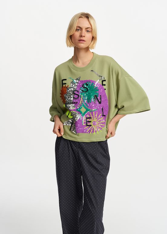 Light khaki short-sleeved sweatshirt with sequin embroideries