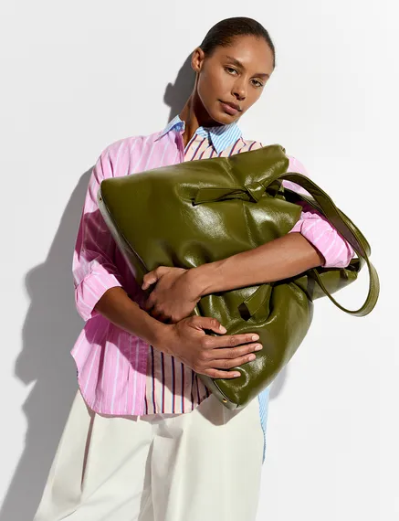 Khaki faux leather shopper bag