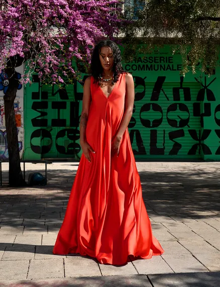 Red V-neck maxi-length dress