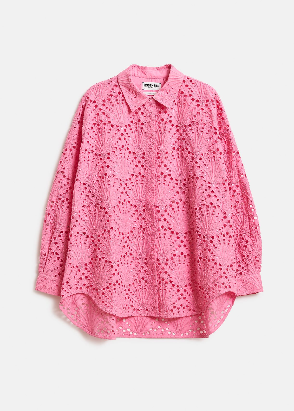 Roze katoenen overhemd in broderie anglaise