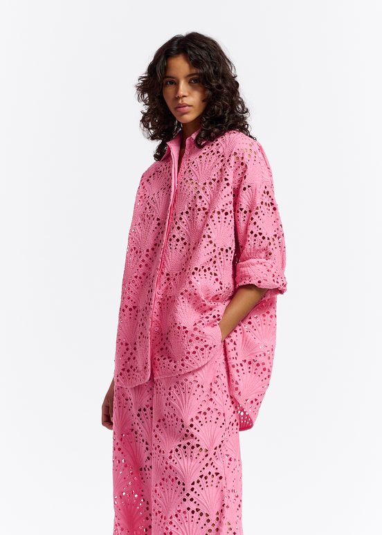 Roze katoenen overhemd in broderie anglaise