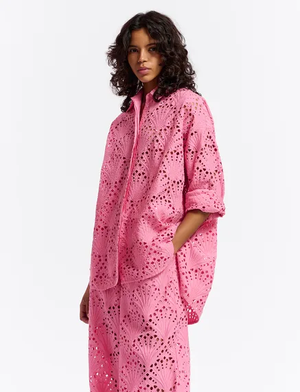 Roze katoenen overhemd in broderie anglaise