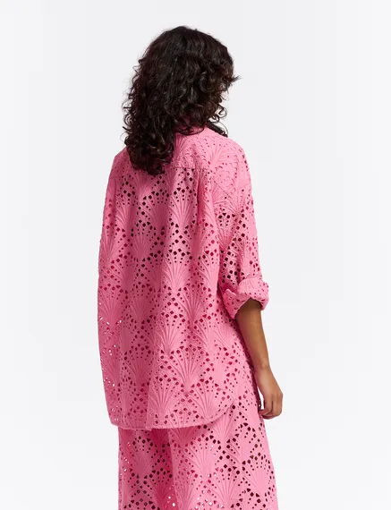 Roze katoenen overhemd in broderie anglaise