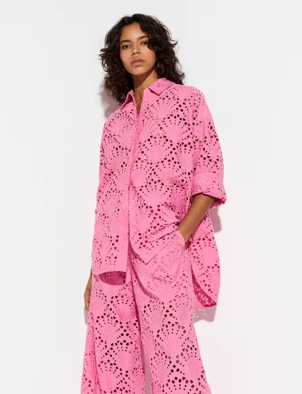 Roze katoenen overhemd in broderie anglaise