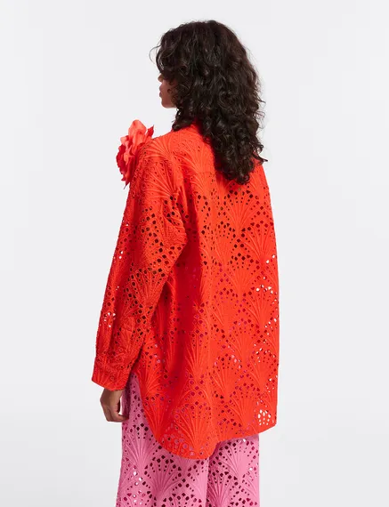 Rood katoenen overhemd in broderie anglaise