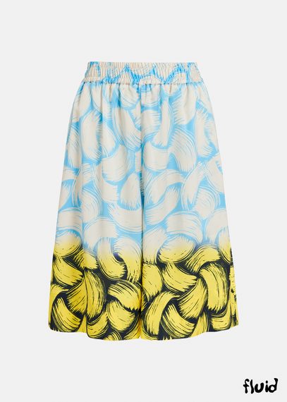 Blaue, cremefarbene und gelbe Shorts mit abstraktem Print und weitem Bein