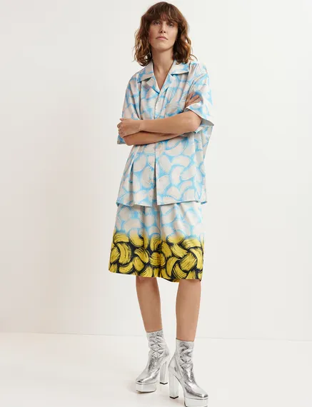 Blue, off-white and yellow abstract-print shorts