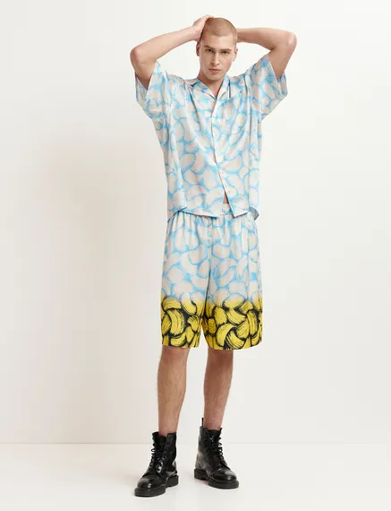 Blue, off-white and yellow abstract-print shorts