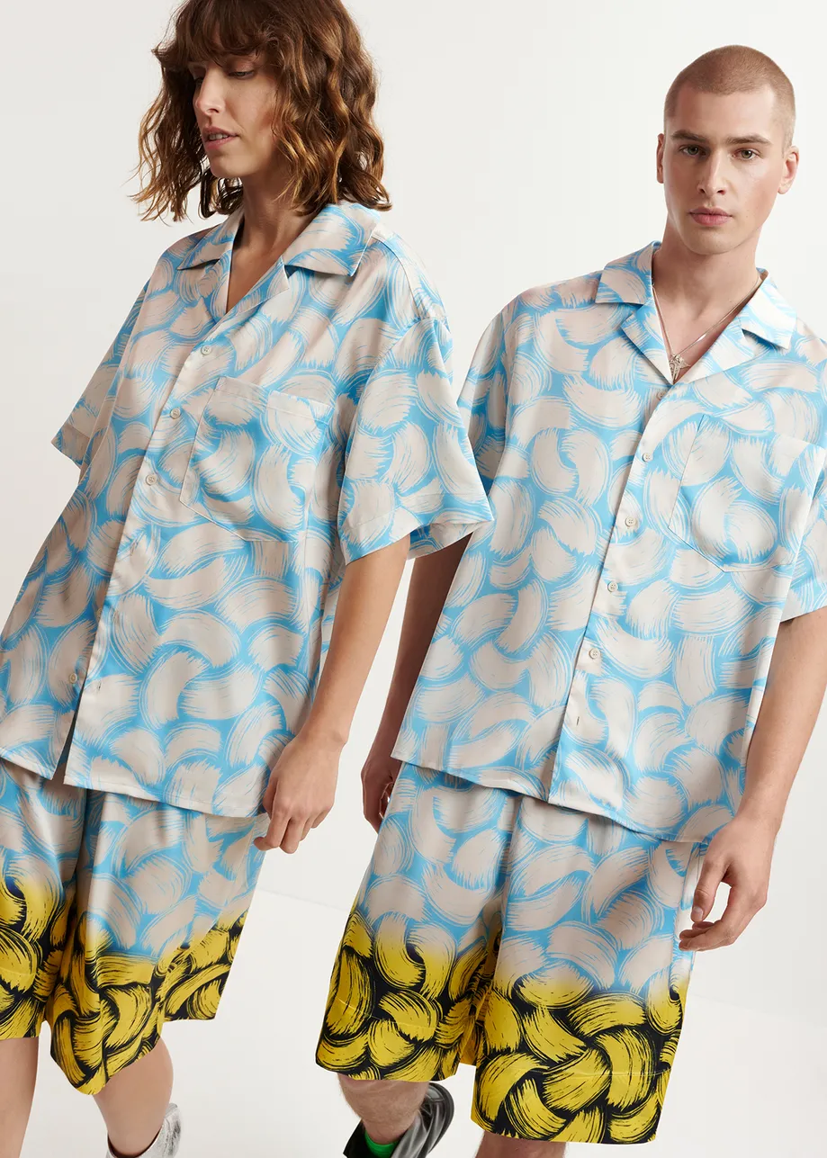 Blue, off-white and yellow abstract-print shorts