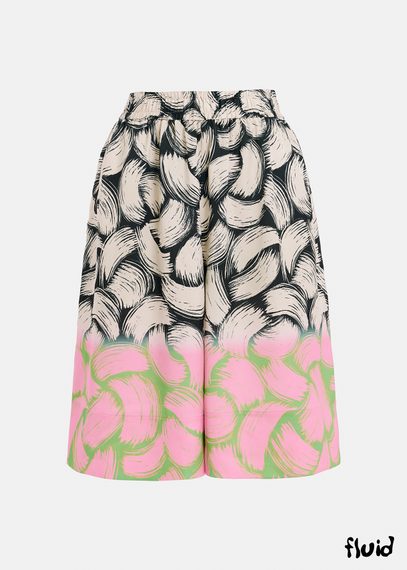 Schwarze, cremefarbene und rosa Shorts mit abstraktem Print und weitem Bein