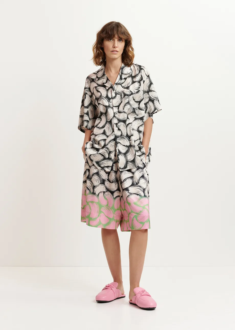 Black, off-white and pink abstract-print shorts