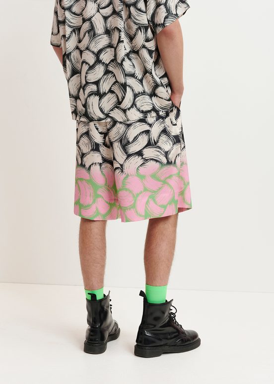 Schwarze, cremefarbene und rosa Shorts mit abstraktem Print und weitem Bein