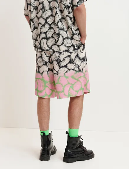 Schwarze, cremefarbene und rosa Shorts mit abstraktem Print und weitem Bein