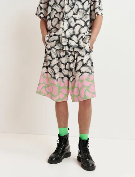 Black, off-white and pink abstract-print shorts