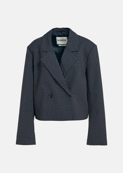 Korte marineblauwe blazer met pinstripes en stras