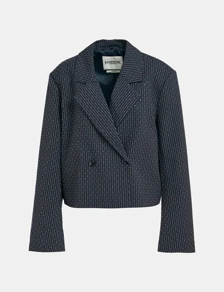 Korte marineblauwe blazer met pinstripes en stras