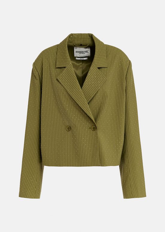 Khaki pinstriped cropped blazer with rhinestone embellishments