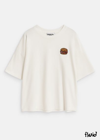 Off-white organic cotton T-shirt with hamburger embroidery