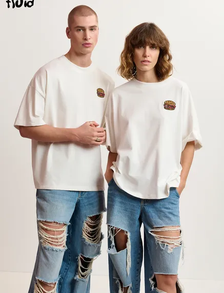 Off-white organic cotton T-shirt with hamburger embroidery