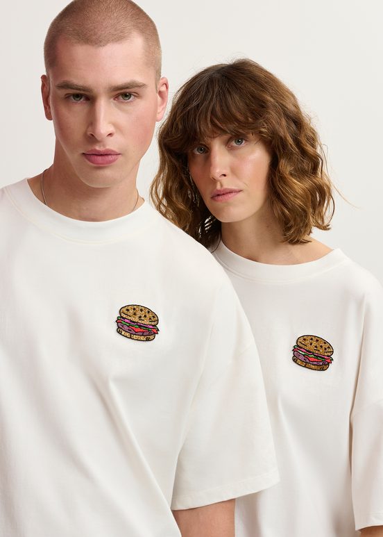 Off-white organic cotton T-shirt with hamburger embroidery