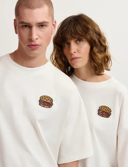 Off-white organic cotton T-shirt with hamburger embroidery