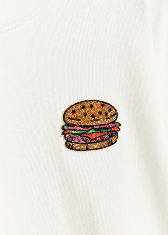 Off-white organic cotton T-shirt with hamburger embroidery