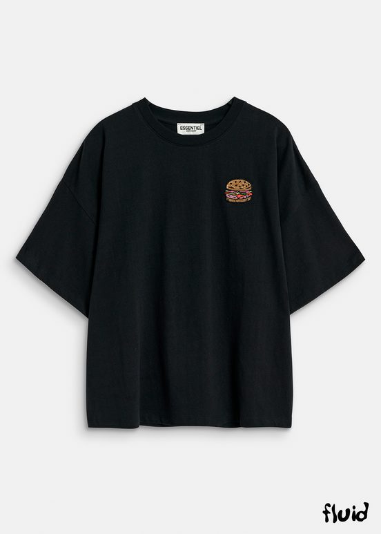 Black organic cotton T-shirt with hamburger embroidery