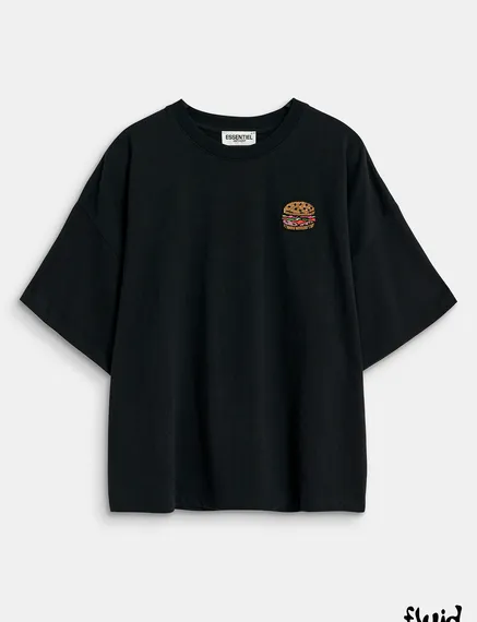 Black organic cotton T-shirt with hamburger embroidery