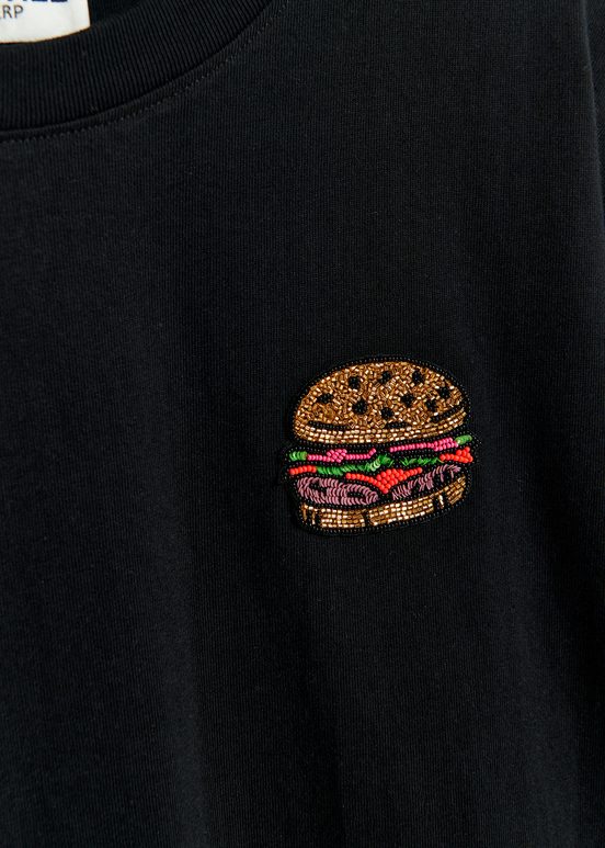 Black organic cotton T-shirt with hamburger embroidery