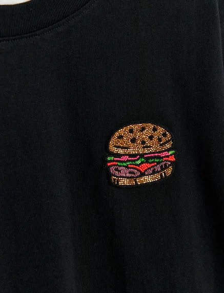 Black organic cotton T-shirt with hamburger embroidery