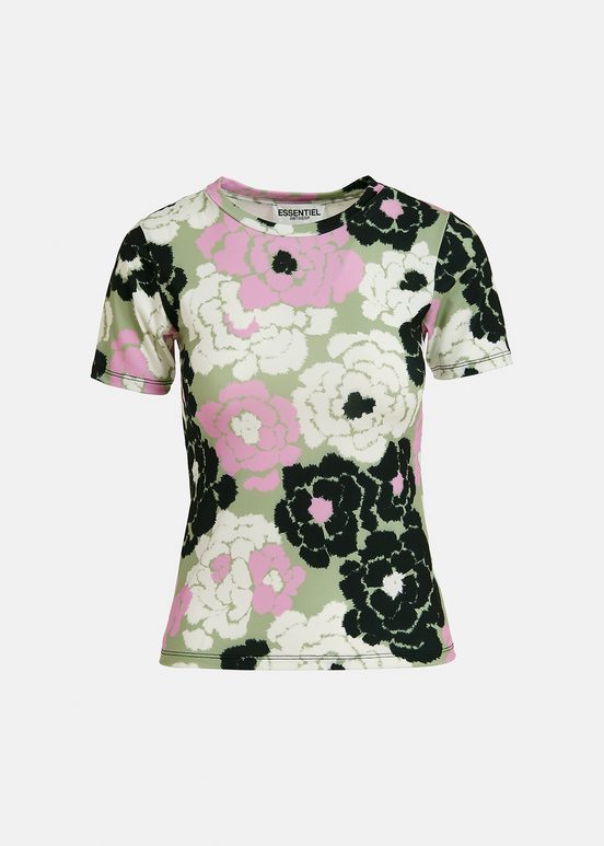 Light khaki, lilac and off-white floral-print T-shirt