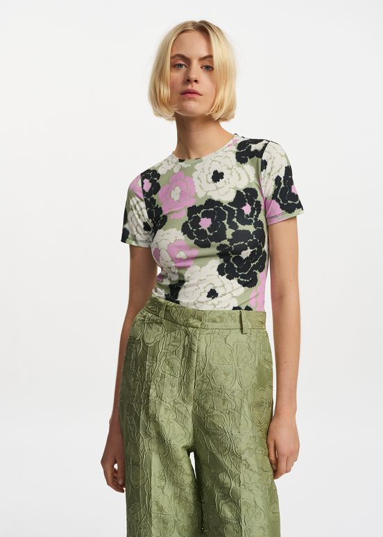 Light khaki, lilac and off-white floral-print T-shirt