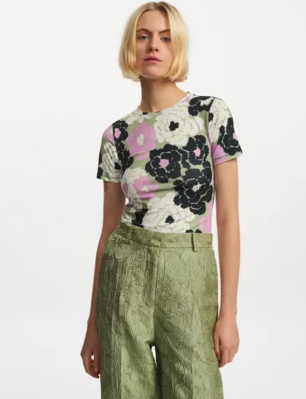 Light khaki, lilac and off-white floral-print T-shirt