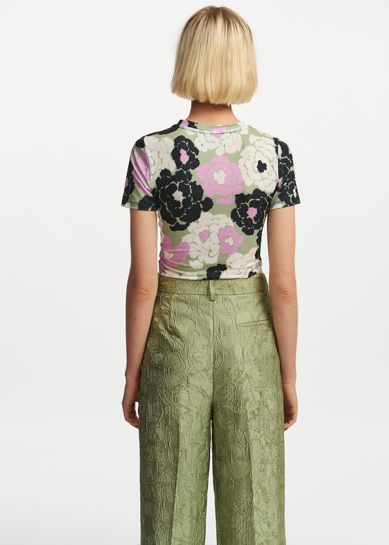 Light khaki, lilac and off-white floral-print T-shirt