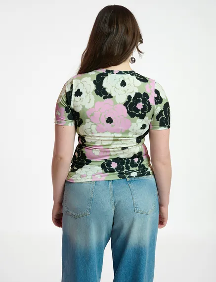 Lichtkaki, lila en gebroken wit T-shirt met bloemenprint