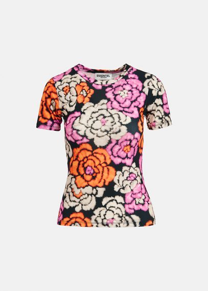 Black, orange and ecru floral-print T-shirt