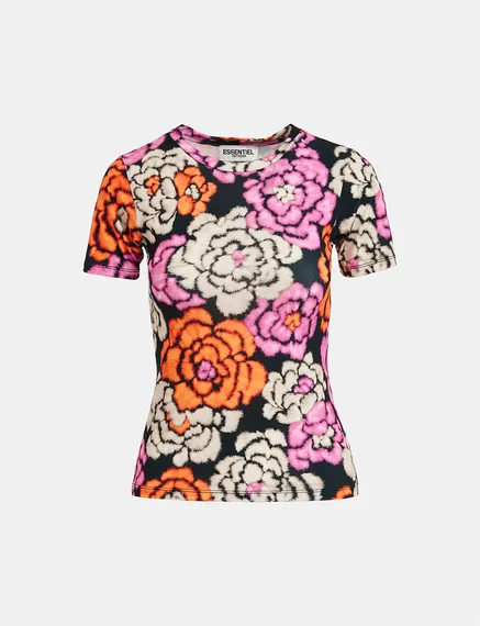 Black, orange and ecru floral-print T-shirt