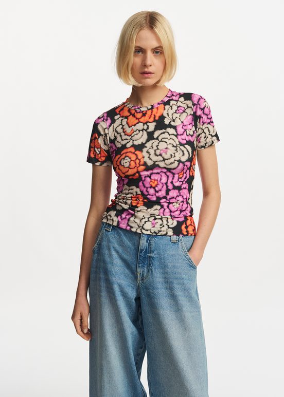 Black, orange and ecru floral-print T-shirt