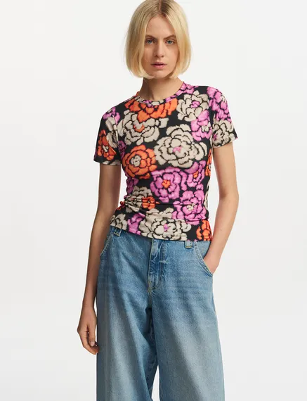 Black, orange and ecru floral-print T-shirt