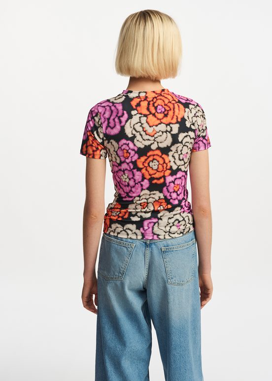 Black, orange and ecru floral-print T-shirt