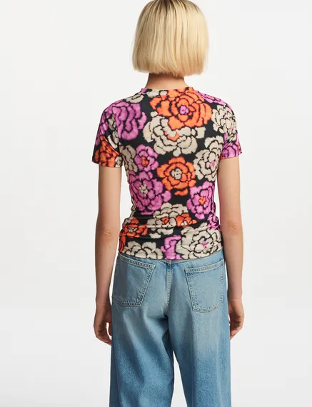 Black, orange and ecru floral-print T-shirt