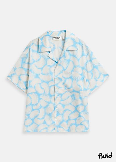 Blue and off-white short-sleeved shirt with abstract print