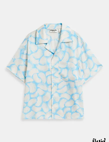 Blue and off-white short-sleeved shirt with abstract print