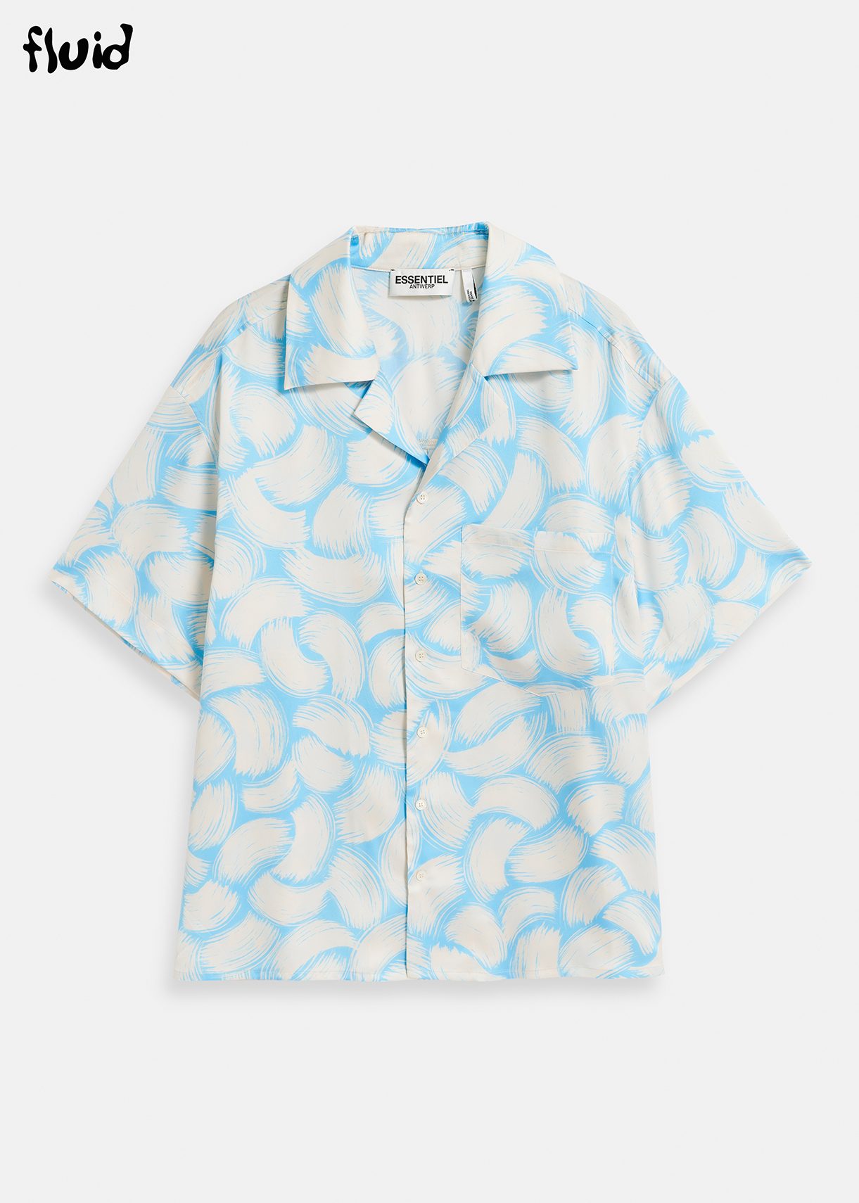 Blue and off-white short-sleeved shirt with abstract print