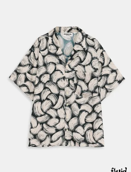 Black and off-white short-sleeved shirt with abstract print