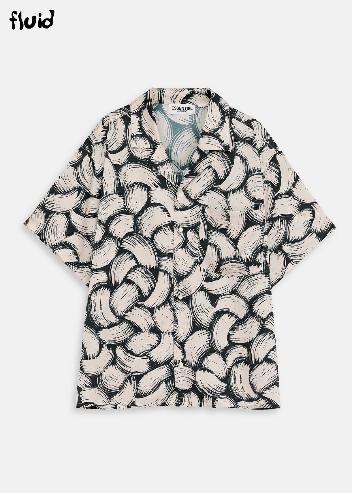 Black and off-white short-sleeved shirt with abstract print