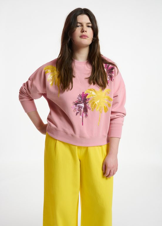 Vintage pink organic cotton sweatshirt with sequin and bead embroideries