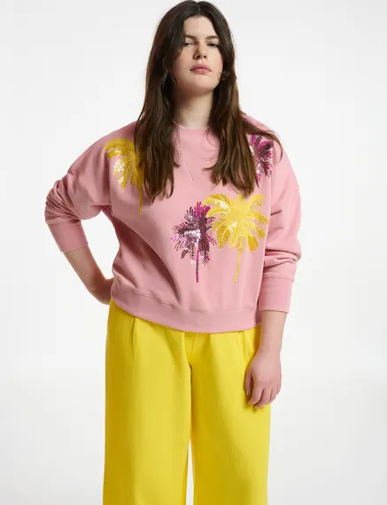 Sweatshirt en coton bio vieux rose à broderie